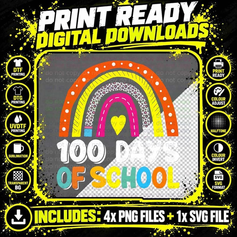 100th Day of School 100 Days Leopard Rainbow Boys Girls Png SVG Digital Bundle