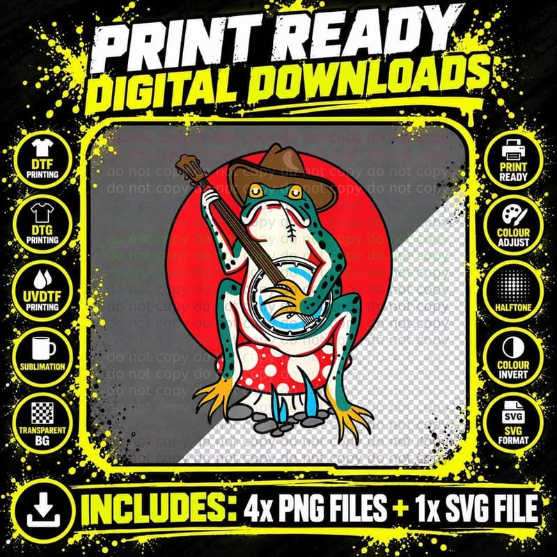 American Traditional Old School Tattoo Flash Frog Banjo Png SVG Digital Bundle