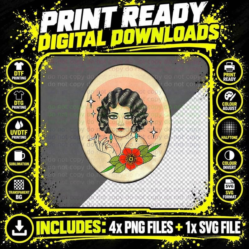 American Traditional Tattoo Smoking Lady Old School Png SVG Digital Bundle