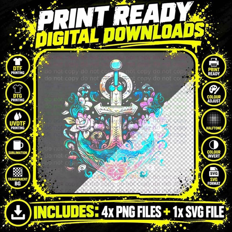 Anchor Symbol, Flowers, Old School Tattoo Style, Retro Png SVG Digital Bundle