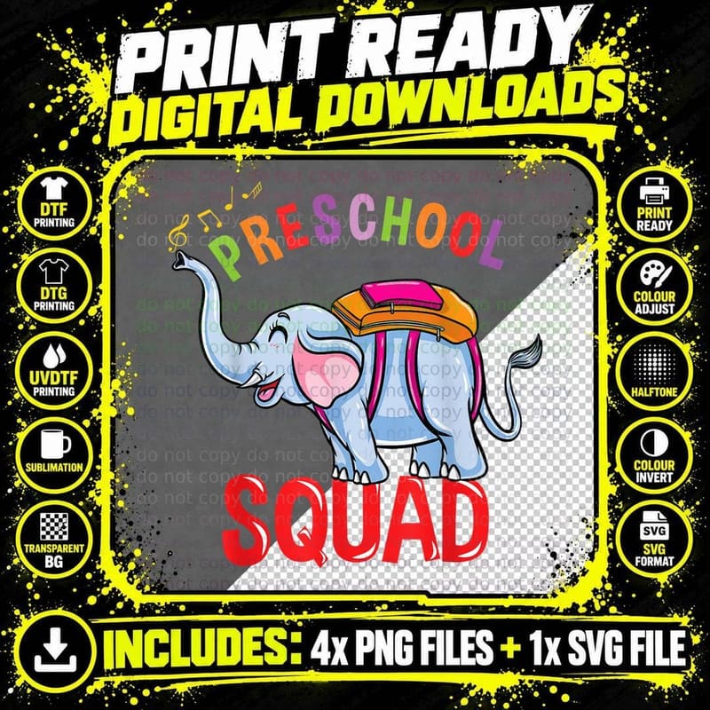 Back to School Elephant Preschool Squad T-Shirt Png SVG Digital Bundle