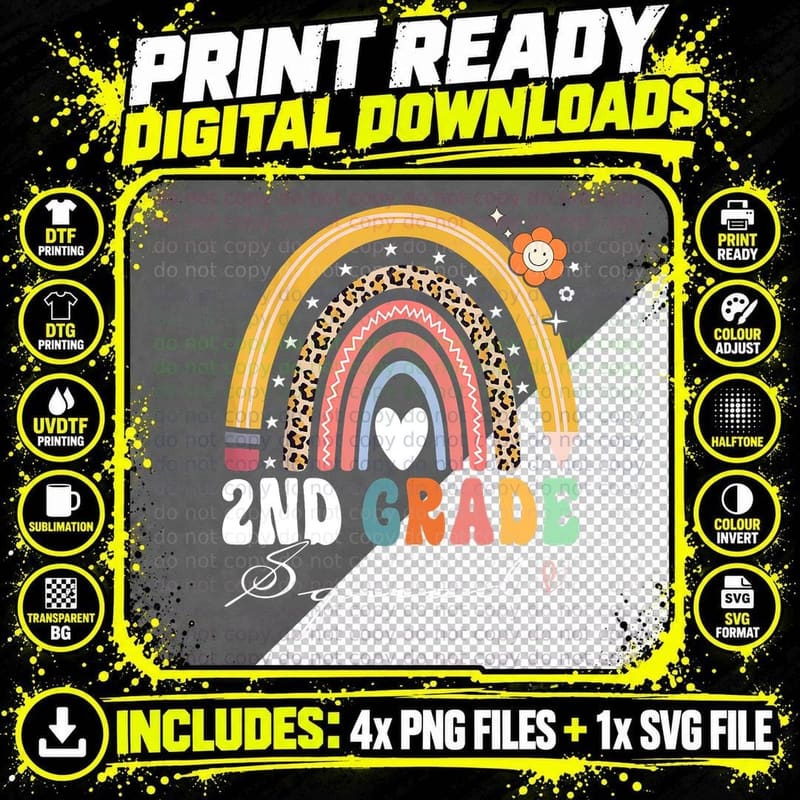 Back to School Rainbow 2nd Second Grade Squad Teachers Png SVG Digital Bundle