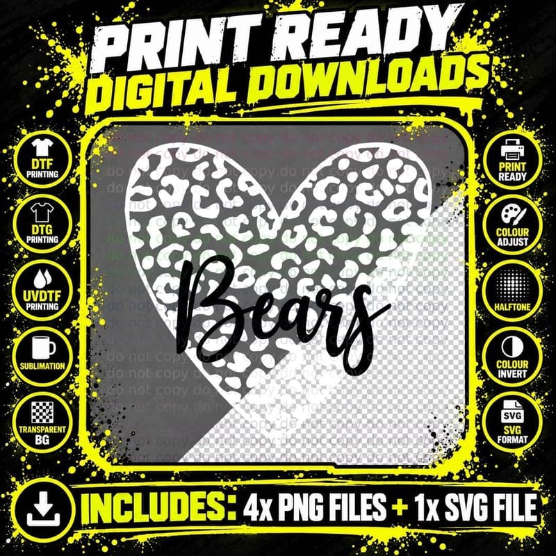 Bears School Spirit Mascot Leopard Heart Game Day T-Shirt Png SVG Digital Bundle
