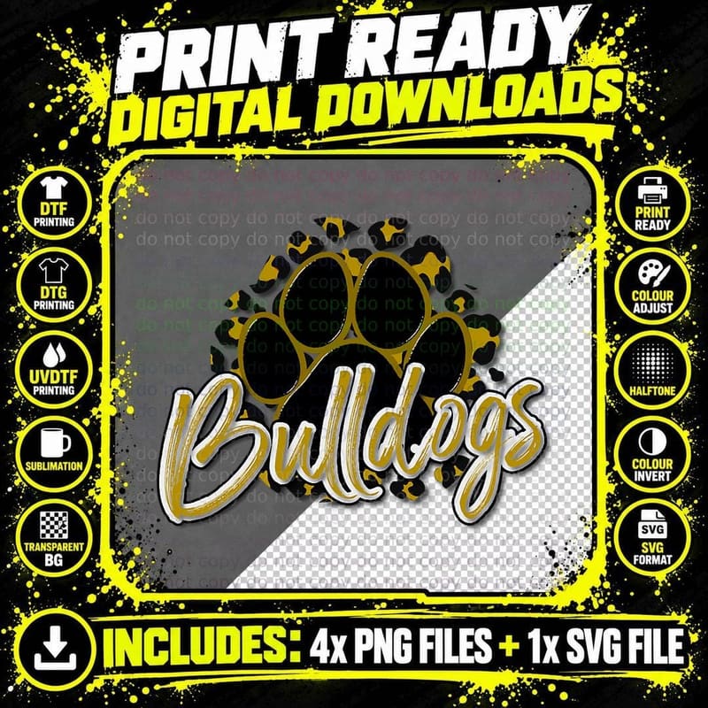 Bulldogs Gold Black Cheetah School Sports Fan Team Png SVG Digital Bundle