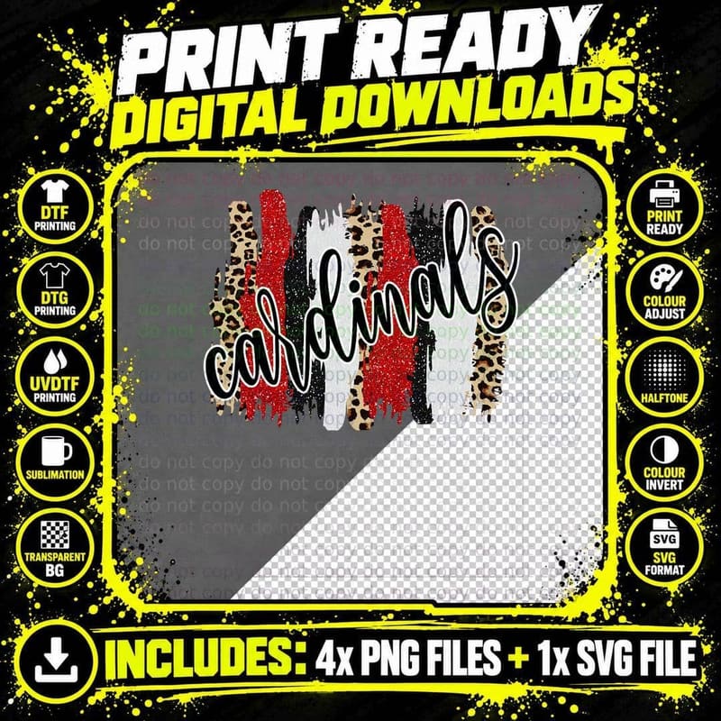 Cardinals Swash Leopard Red White Black School Spirit Png SVG Digital Bundle