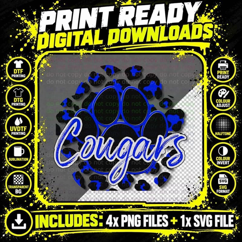 Cougar Blue Black Cheetah School Sports Fan Team Spirit Png SVG Digital Bundle