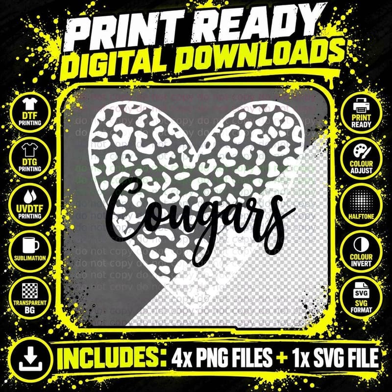 Cougars School Spirit Mascot Leopard Heart Game Day Png SVG Digital Bundle