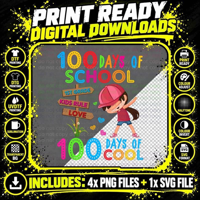 Days of Cool School Kid Dabbing for Girls Boys Shirt Png SVG Digital Bundle