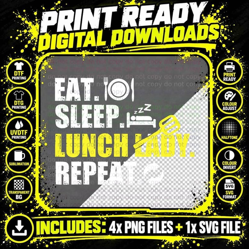 Eat Sleep Lunch Lady Repeat Funny School Food Service Png SVG Digital Bundle