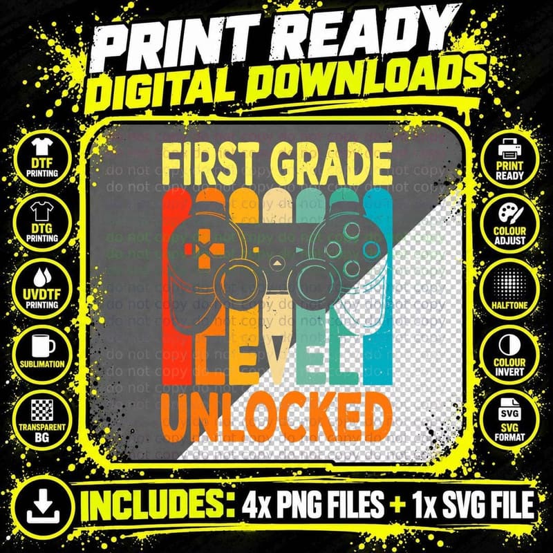 First Grade Level Unlocked Video Game Back to School Png SVG Digital Bundle