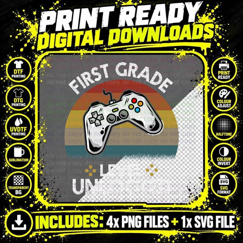First Grade Level Unlocked Video Game Vintage Back to Png SVG Digital Bundle