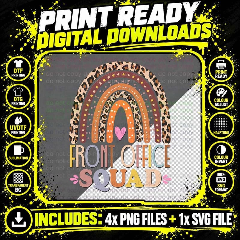 Front Office Squad Leopard Rainbow Back to School Png SVG Digital Bundle
