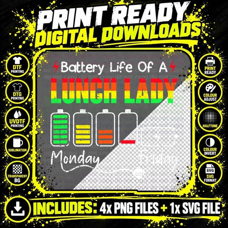 Funny Cafeteria Rainbow Battery Life of a School Lunch Png SVG Digital Bundle