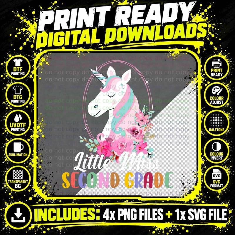 Funny Little Miss Second Grade Flower Unicorn Back to Png SVG Digital Bundle