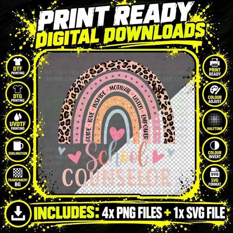 Funny School Counselor Rainbow Leopard Print Counselor Png SVG Digital Bundle