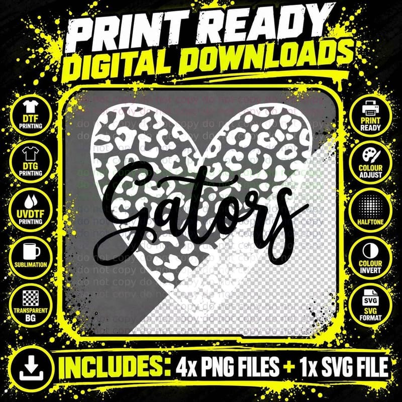 Gators School Spirit Leopard Heart Game Day T-Shirt Png SVG Digital Bundle