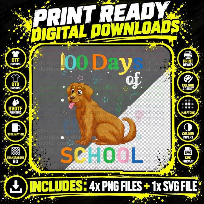 Golden Retriever 100th Day of School T-Shirt Png SVG Digital Bundle