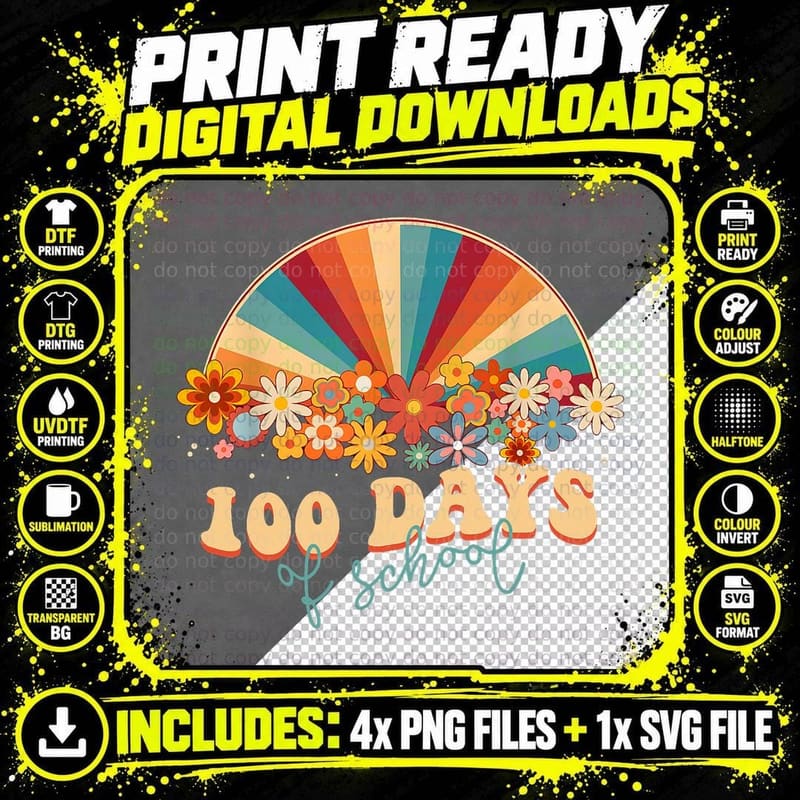 Groovy 100th Day of School Rainbow 100 Days Women Boys Png SVG Digital Bundle