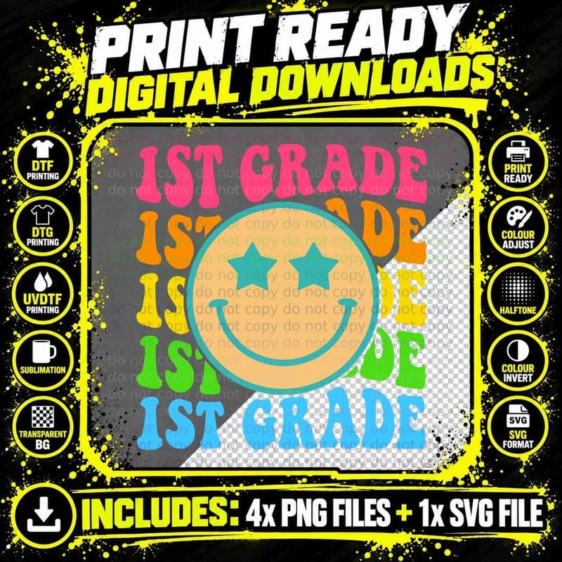 Groovy First Grade Vibes Face Retro Teachers Back to Png SVG Digital Bundle