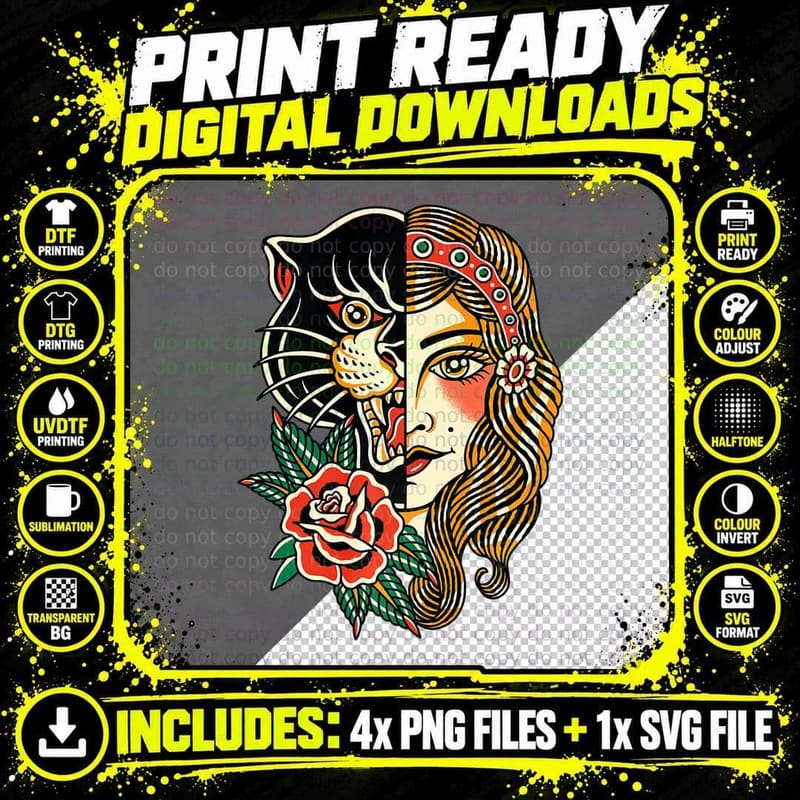Gypsy Panther American Traditional Tattoo Ink Old School Png SVG Digital Bundle