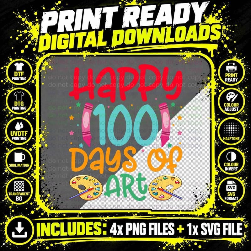 Happy 100 Days of Art School Teachers Girls Boys Gifts Png SVG Digital Bundle