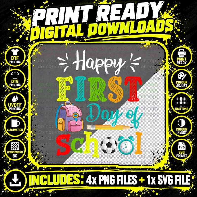 Happy First Day of School Shirt, Cute Outfit, Colorful Png SVG Digital Bundle