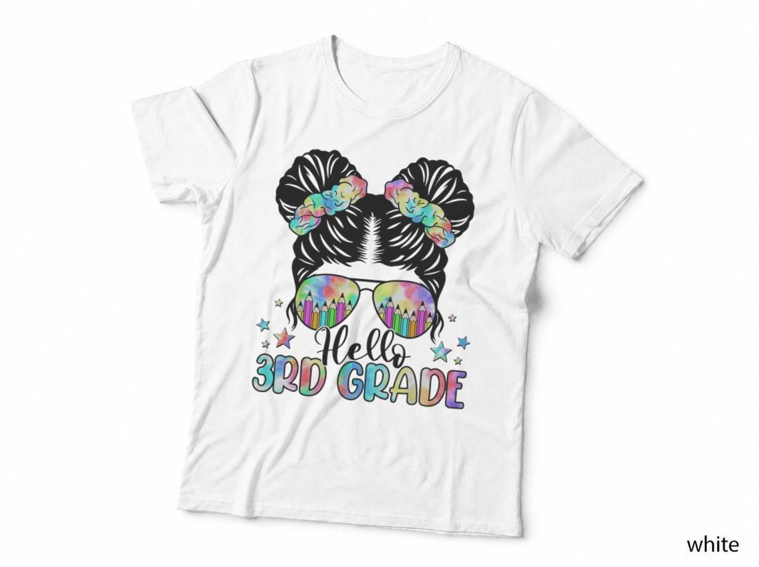 Hello 3rd Third Grade Messy Hair Bun Back to School Girls T-Shirt