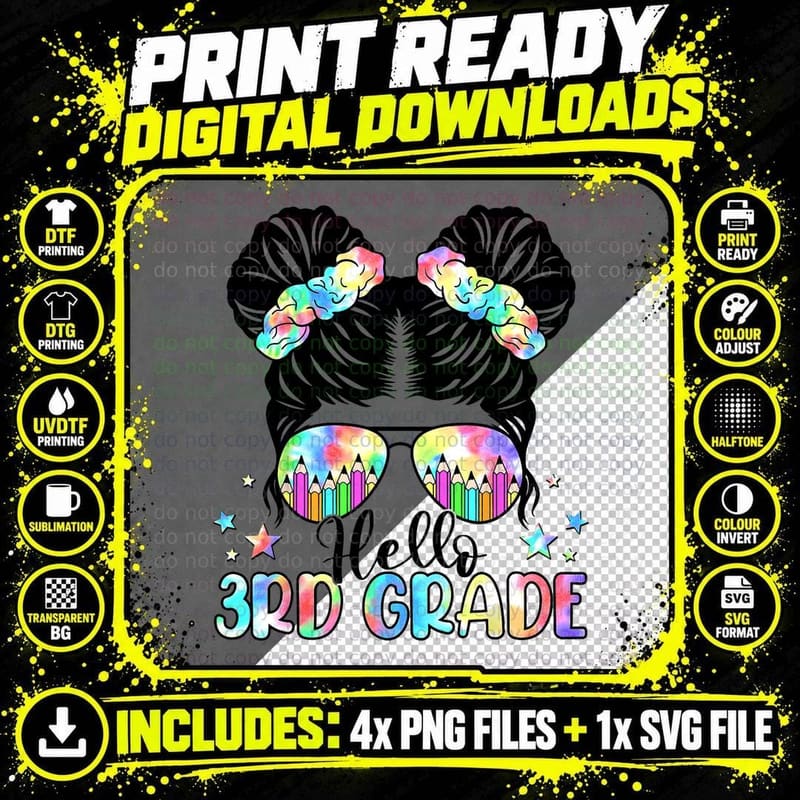 Hello 3rd Third Grade Messy Hair Bun Back to School Png SVG Digital Bundle