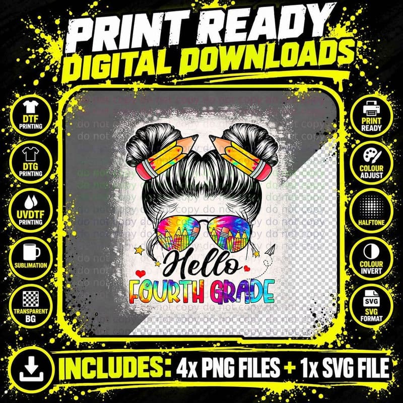 Hello Fourth Grade Messy Bun Girl Back to School Png SVG Digital Bundle