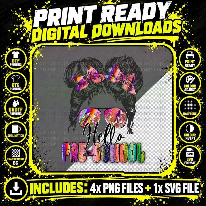 Hello Preschool Tie Dye Girl Back to School Png SVG Digital Bundle