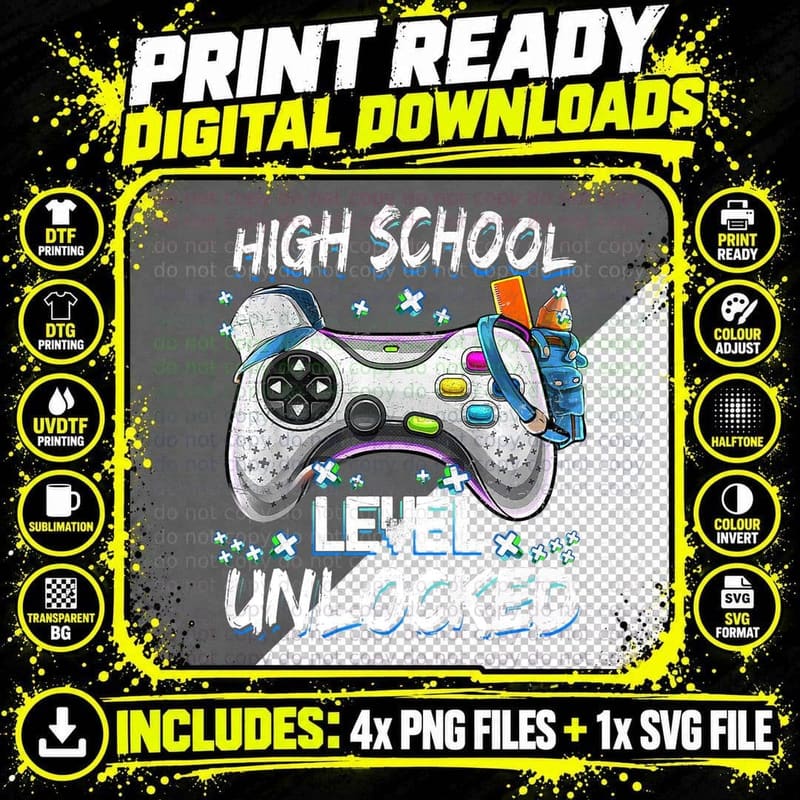 High School Level Unlocked Video Game Back to Boys Png SVG Digital Bundle