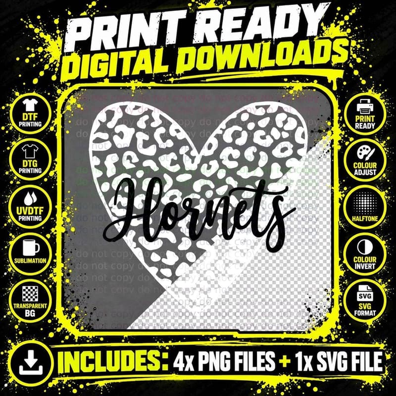 Hornets School Spirit Leopard Heart Game Day Sports Fan Png SVG Digital Bundle