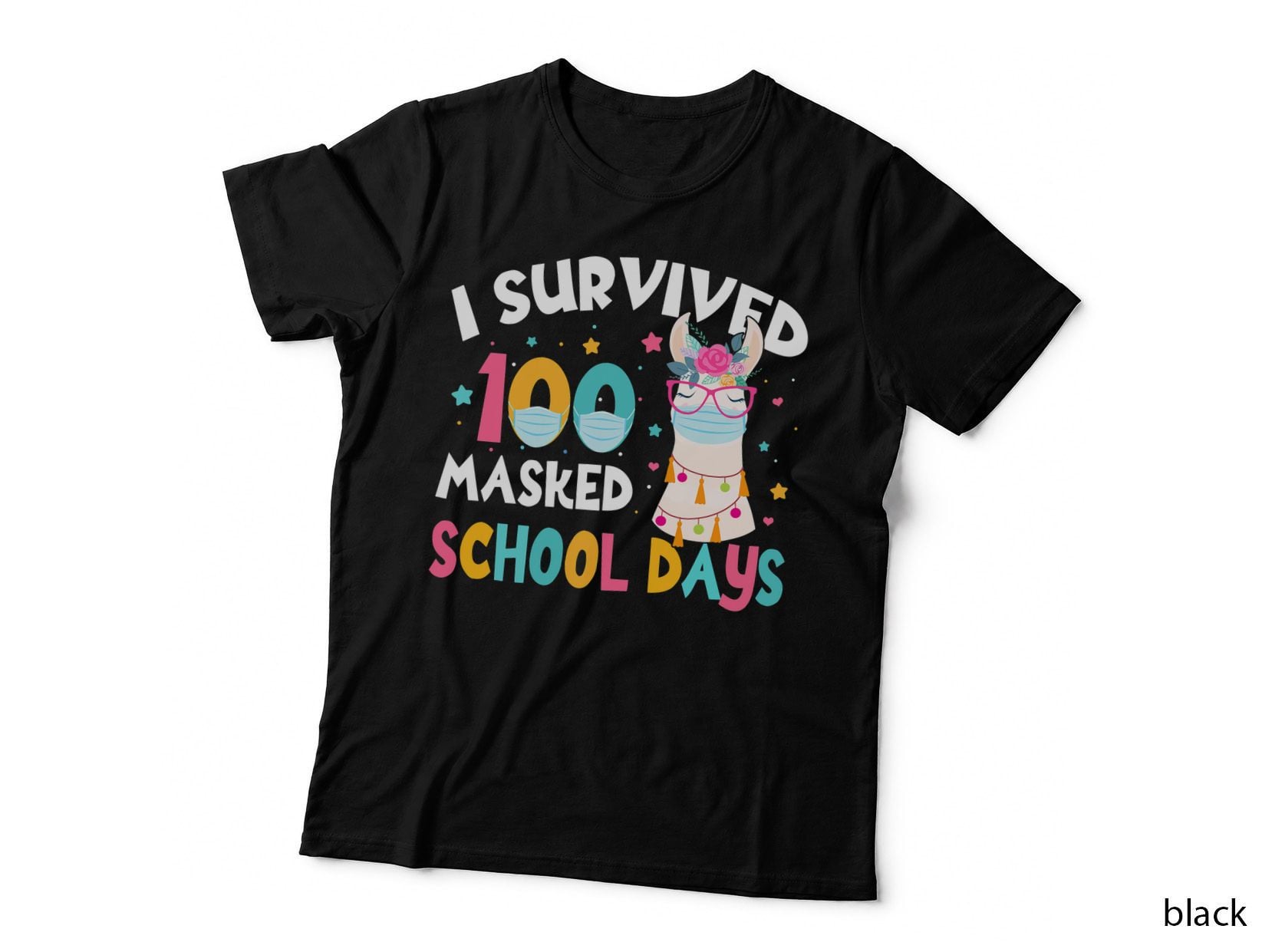 I Survived 100 Days of Masked School Cute No Prob Llama Girl T-Shirt