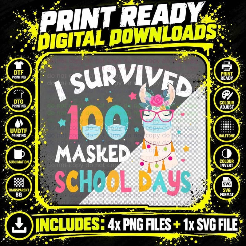 I Survived 100 Days of Masked School Cute No Prob Llama Png SVG Digital Bundle