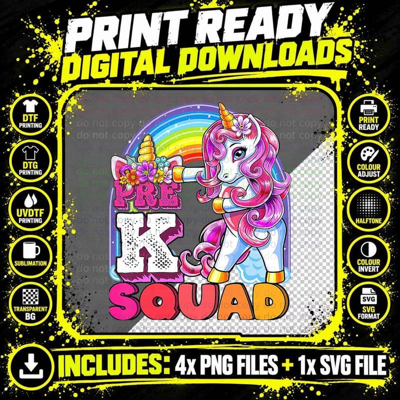 Kids Pre K Squad Flossing Unicorn Back to School Girls Png SVG Digital Bundle