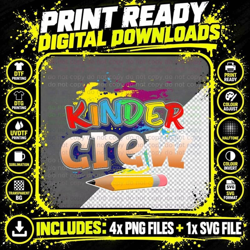 Kinder Crew Shirt, Colorful, Classroom Vibes Png SVG Digital Bundle