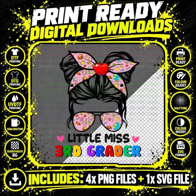 Little Miss 3rd Grader Cute Messy Bun Girls Back to Png SVG Digital Bundle