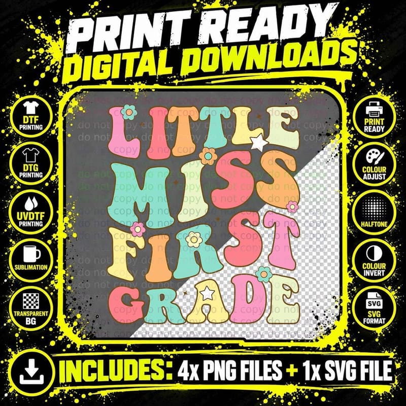 Little Miss First Grade Girls Back to School Retro Png SVG Digital Bundle