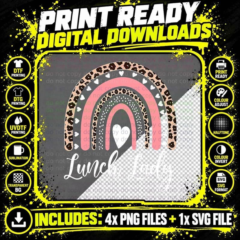 Lunch Lady Leopard Rainbow Back to School T-Shirt Png SVG Digital Bundle