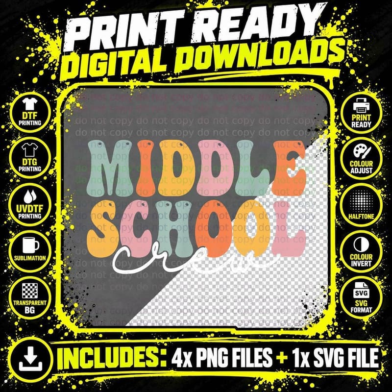 Middle School Crew Retro Groovy Vintage First Day of Png SVG Digital Bundle