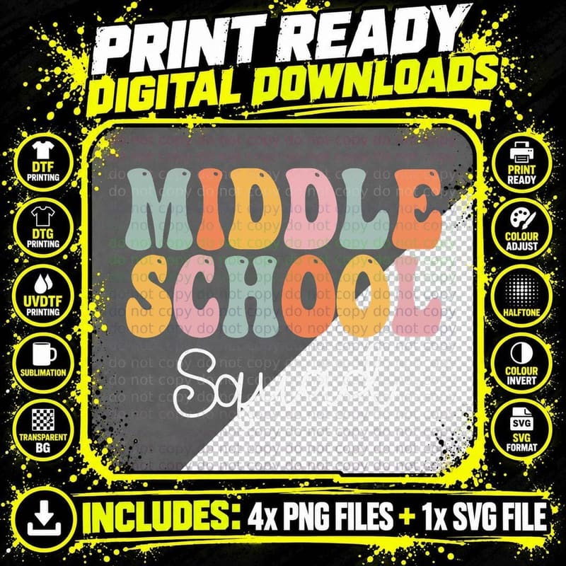 Middle School Squad Retro Groovy Vintage First Day of Png SVG Digital Bundle