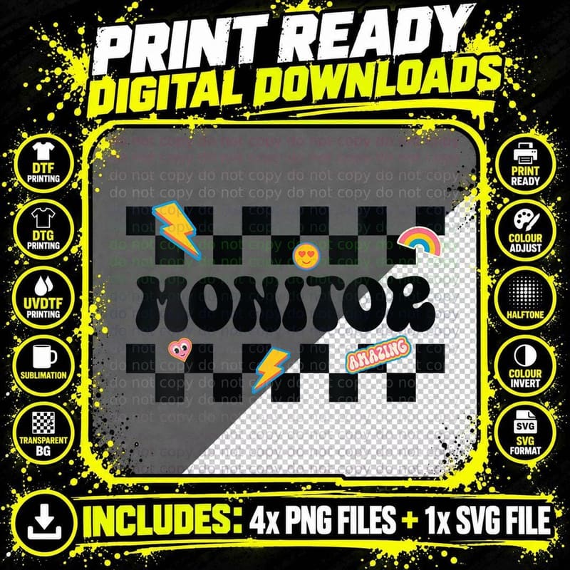 Monitor, Groovy Checkered Back to School Admin Squad Png SVG Digital Bundle