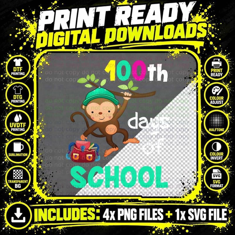Monkey Th Days of School Shirt, Milestone, Kids Tee Png SVG Digital Bundle