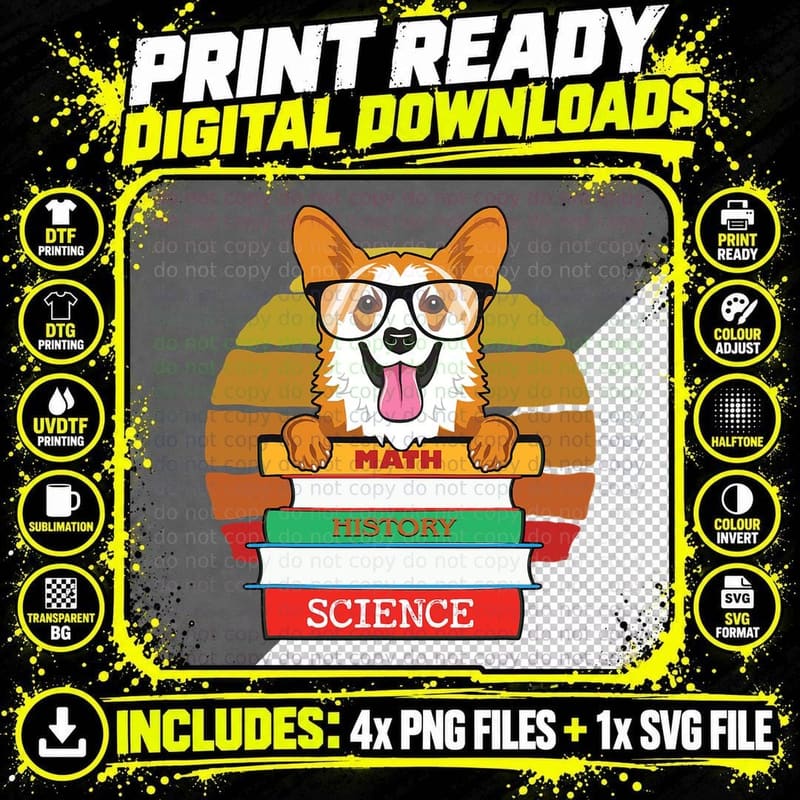 Nerdy Corgi Back to School Book Worm Corgi T-Shirt Png SVG Digital Bundle