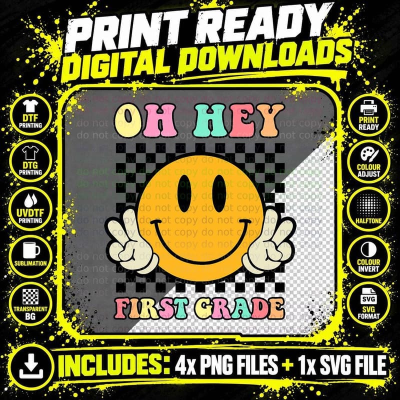 Oh Hey First Grade Hippie Smile Face Retro Back to Png SVG Digital Bundle