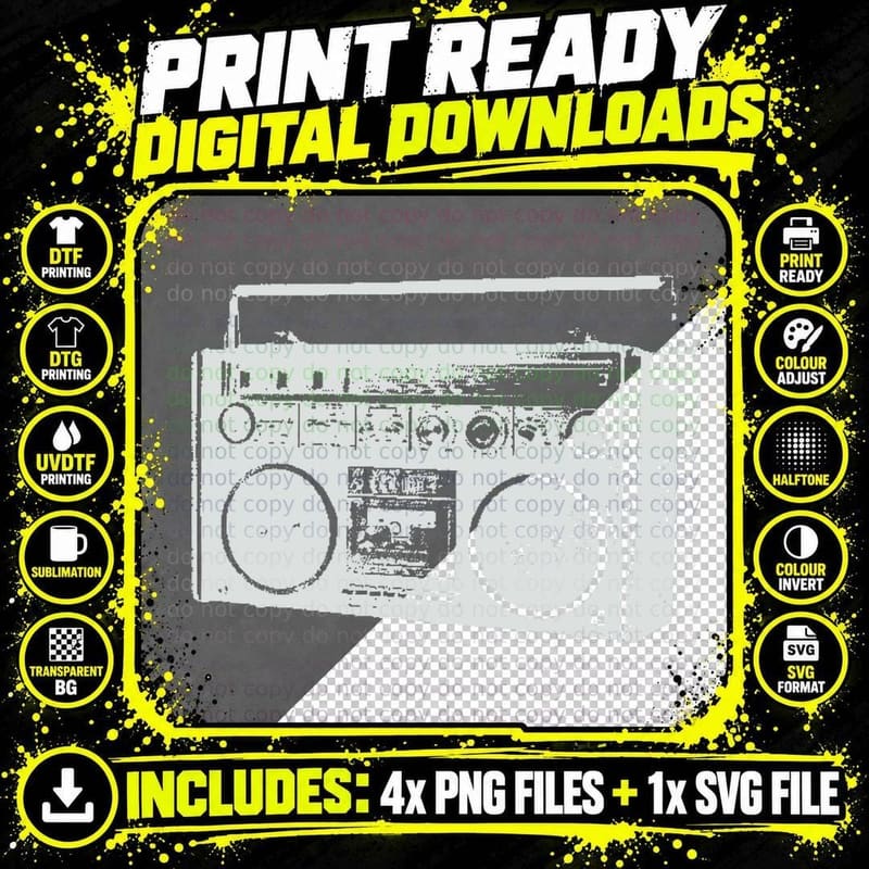 Old School Vintage Tape Deck Boombox Graphic T-Shirt Png SVG Digital Bundle