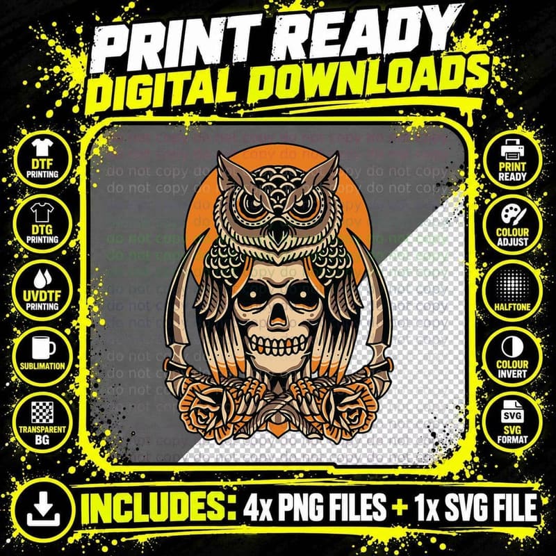 Owl Skull American Traditional Tattoo Old School Flash Png SVG Digital Bundle