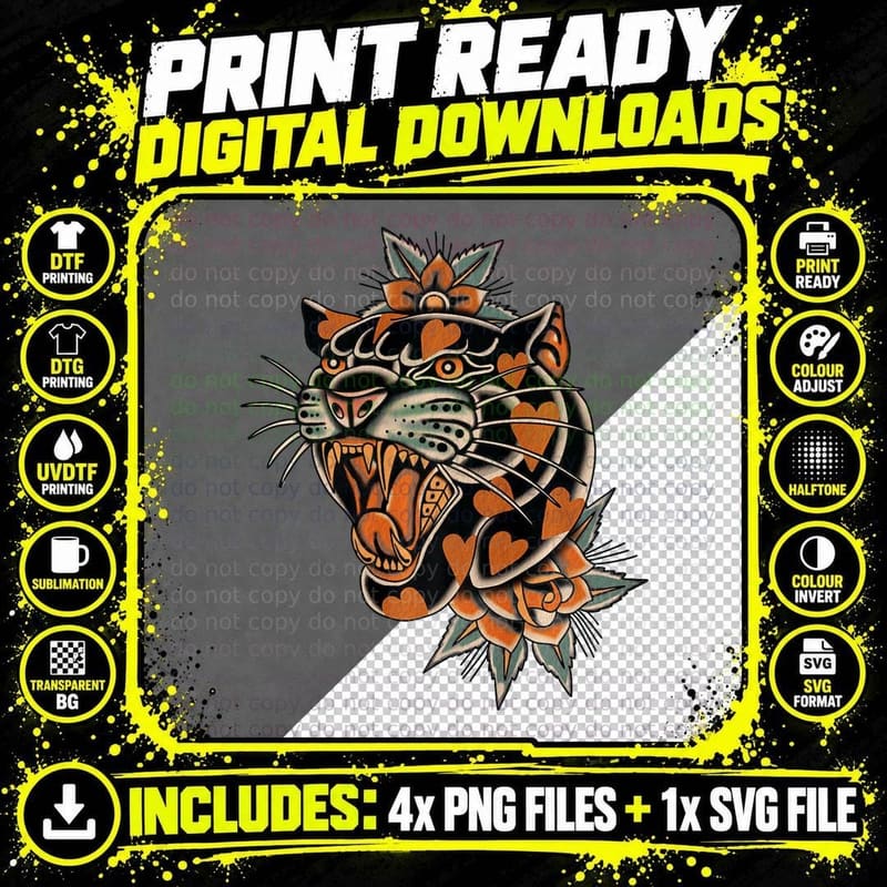 Panther Hearts American Traditional Tattoo Ink Old Png SVG Digital Bundle