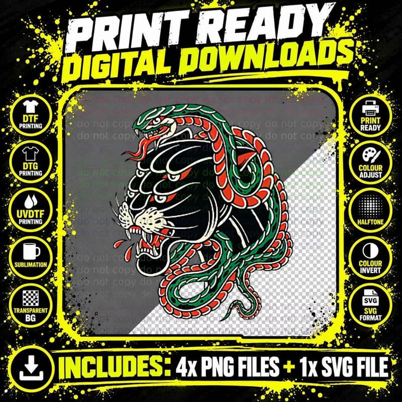 Panther Snake Vintage Inked Traditional Old School Png SVG Digital Bundle