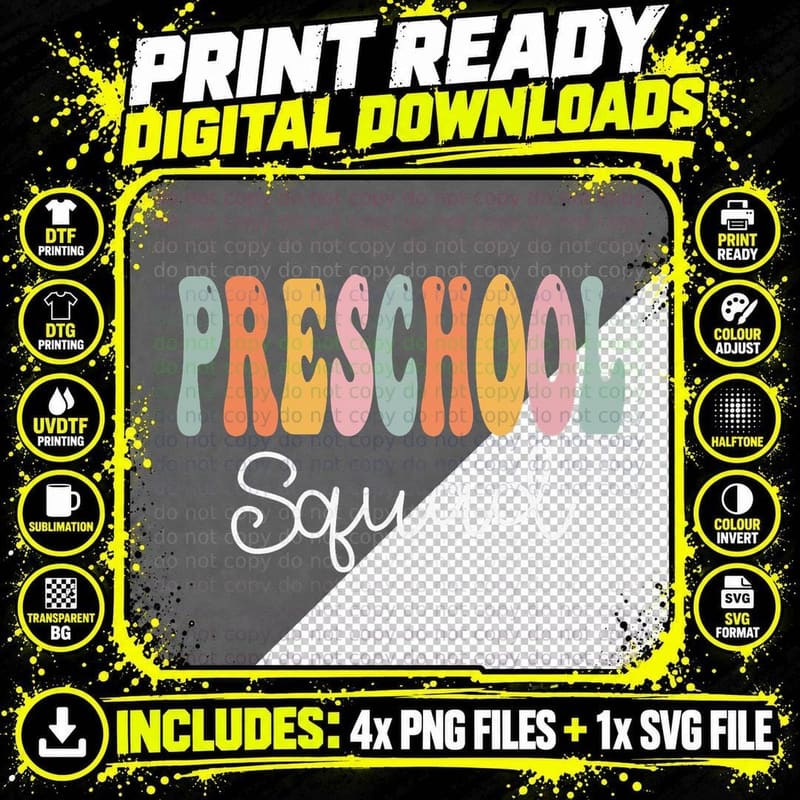 Preschool Squad Retro Groovy Women Happy First Day of Png SVG Digital Bundle